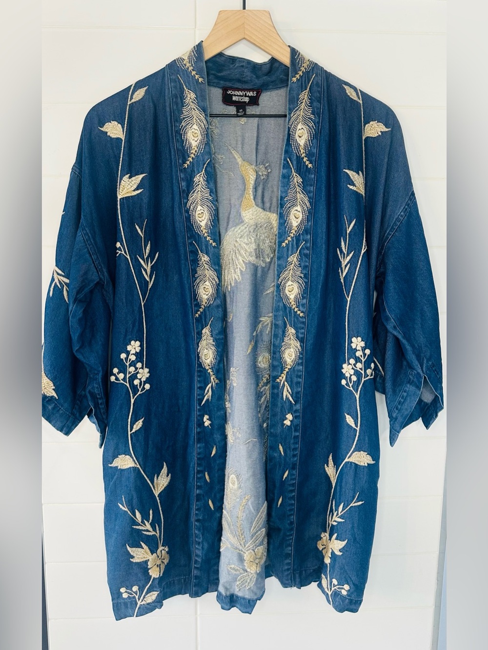 Johnny Was Workshop Embroidered Navy Blue Jean Kimono Crane - Picture 7 of 10